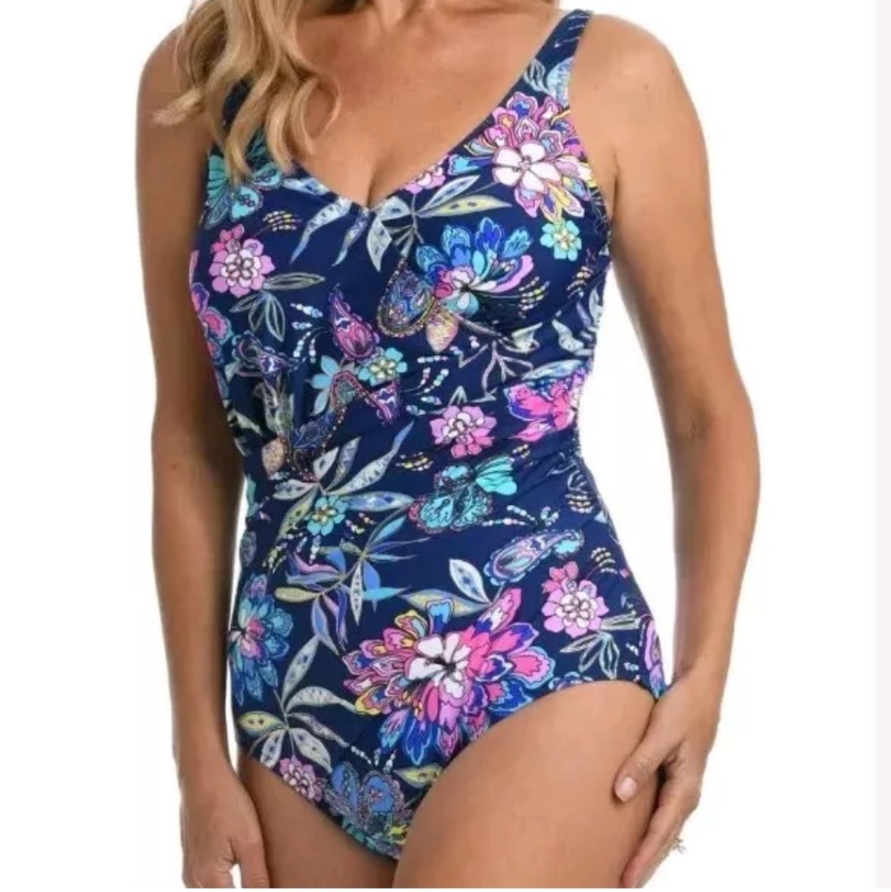 Maxine Of Hollywood Swimsuit Woman XL 16W Pool Shaping Shirred Navy Floral New